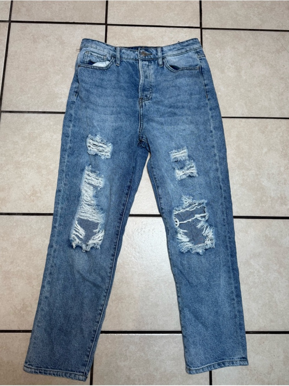 Classic Distressed Straight-Leg Jeans - Light Blue